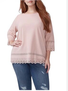 Lane Bryant Pink Bell Sleeve Perforated Laser Cut Eyelet Trim Top Size 14/16